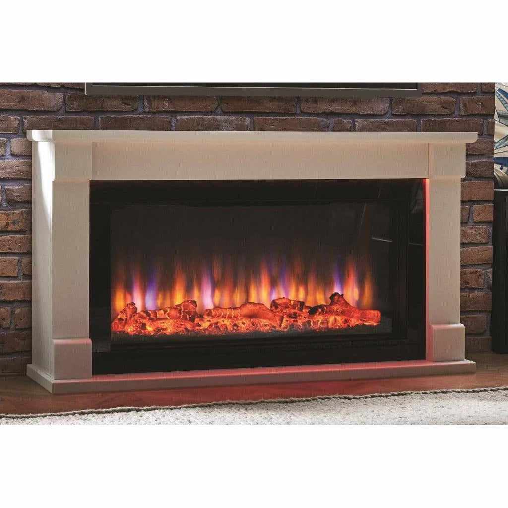 Suncrest Bradbury Ambience electric fireplace with a cream surround and glowing log flame effect against a brick wall.