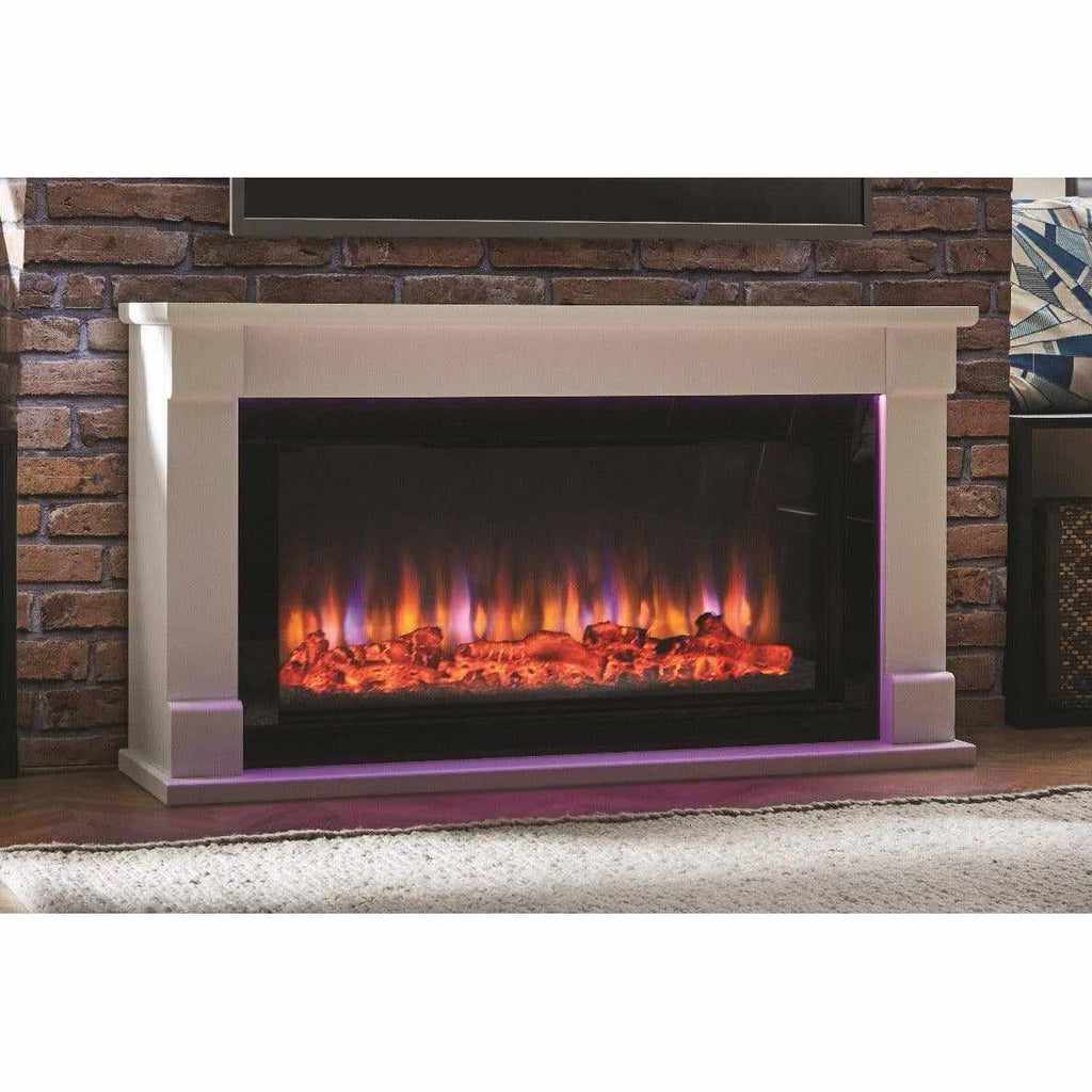 Suncrest Bradbury Ambience electric fireplace suite with a white surround, black glass fire, and glowing log effect.