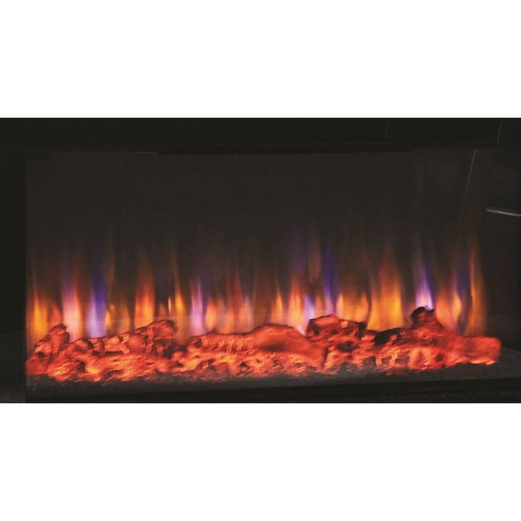 Suncrest Bradbury Electric Fireplace suite featuring a glowing log fuel bed with orange and blue LED flame effects.