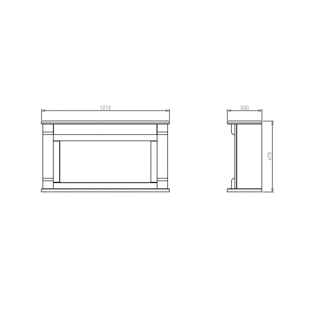 Suncrest Bradbury Electric Fireplace suite technical line drawing showing front and side elevation dimensions.