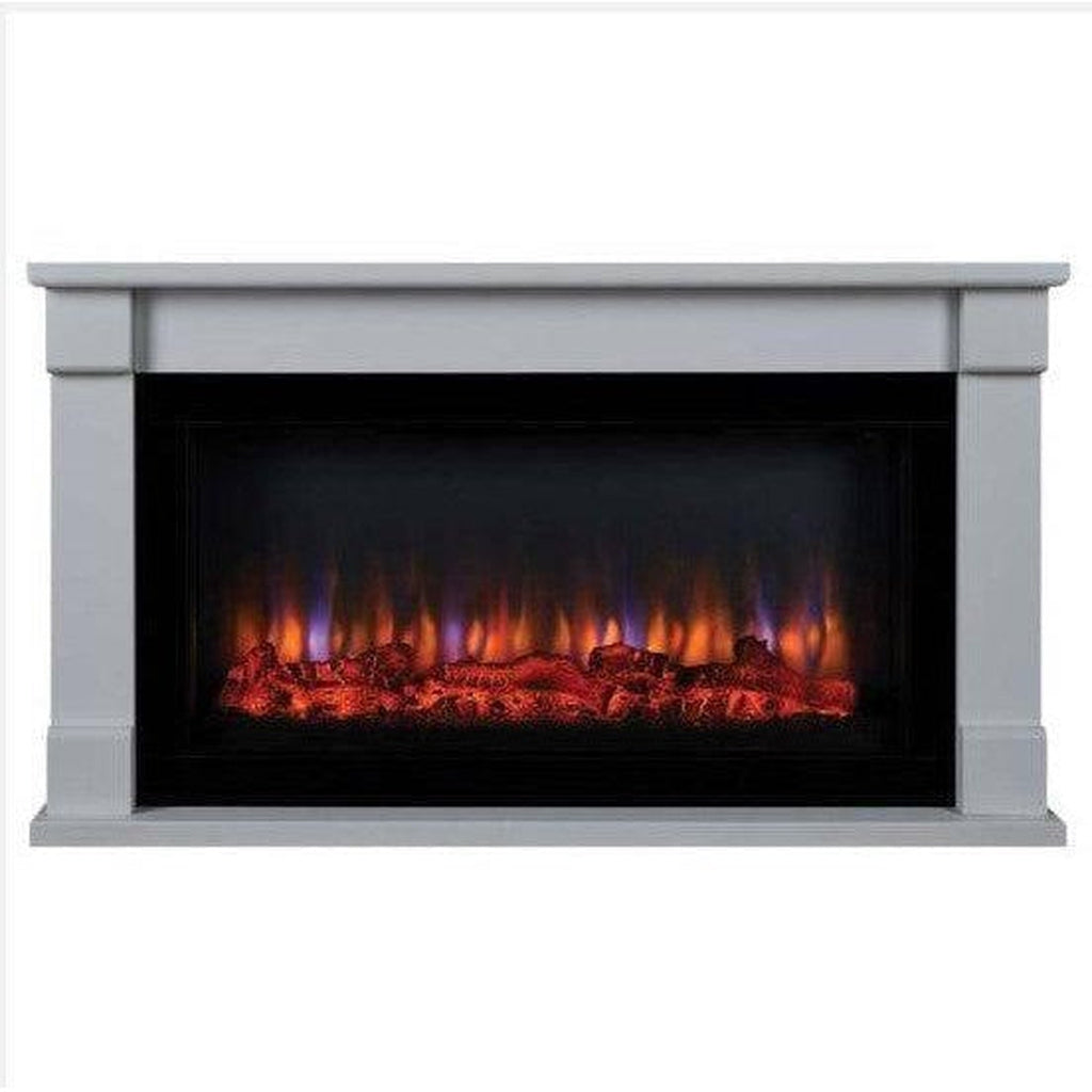 Suncrest Bradbury Electric Fireplace suite in grey with a black firebox and glowing orange and blue flame effect.