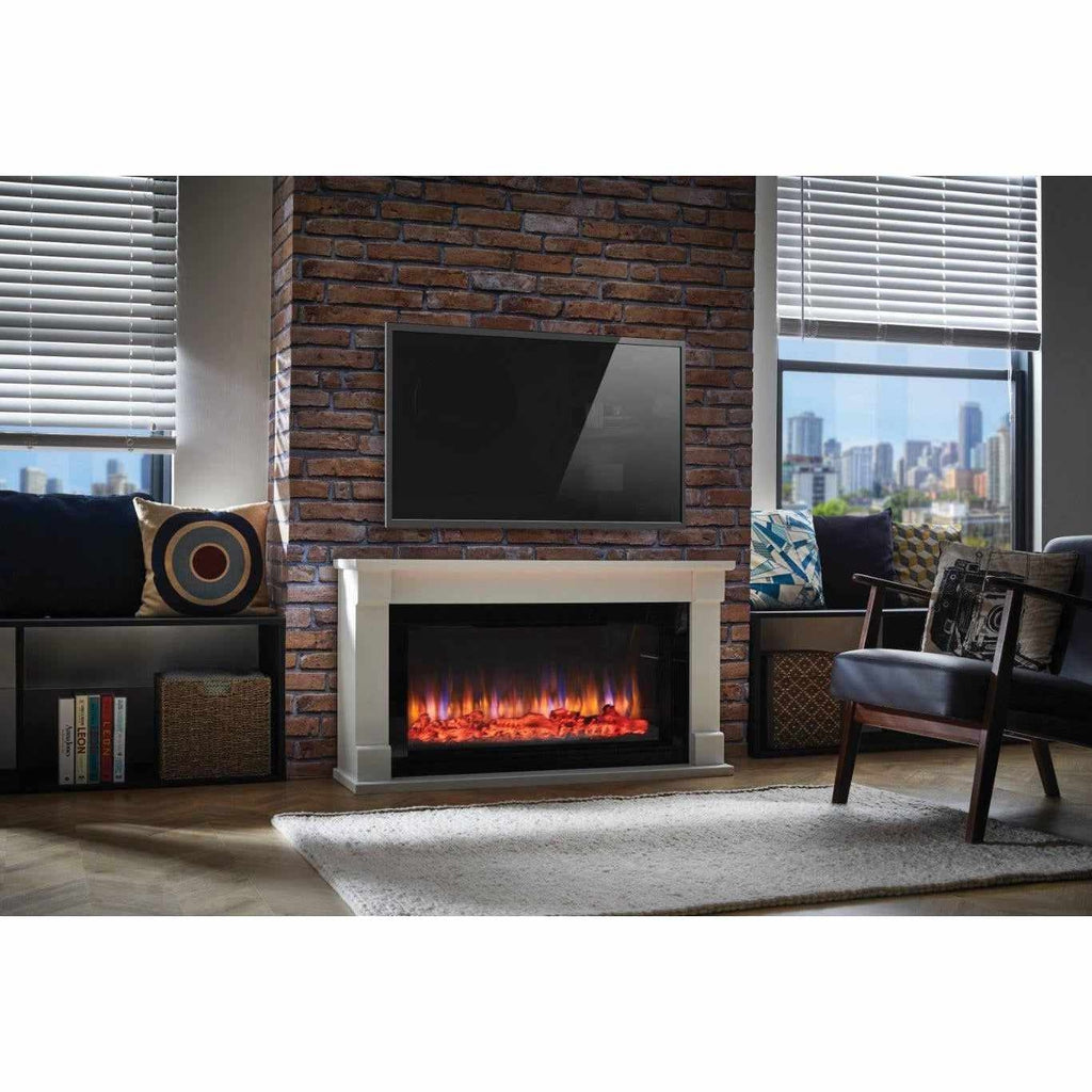 Suncrest Bradbury Electric Fireplace suite with a white surround and glowing flame effect against a brick chimney breast.