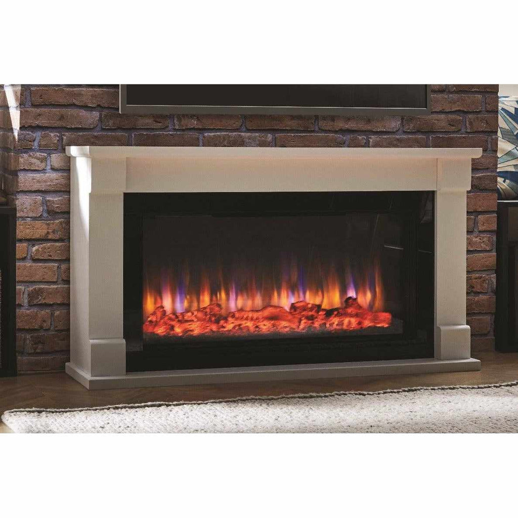 Suncrest Bradbury electric fireplace suite with a white surround and glowing orange and blue flame effect.