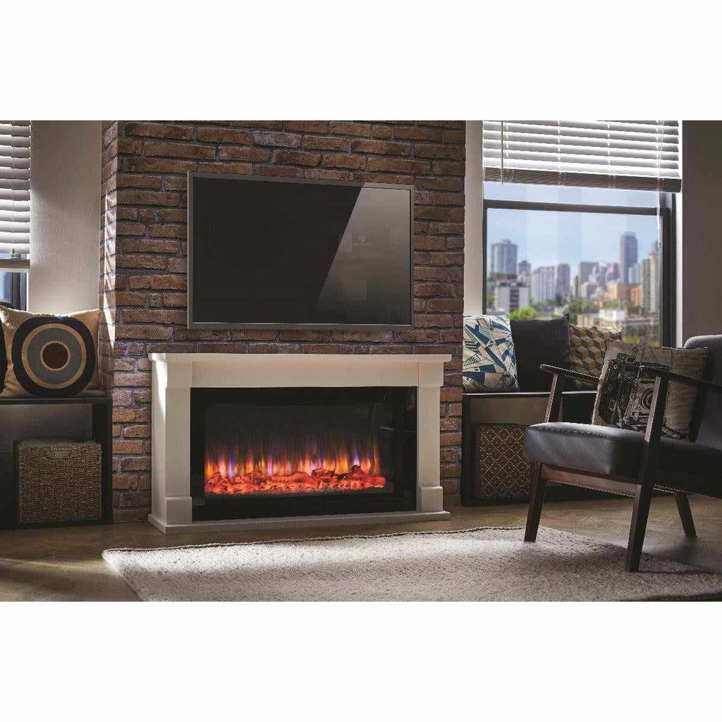 Suncrest Bradbury Electric Fireplace suite with a white surround and glowing flame effect against a brick wall.