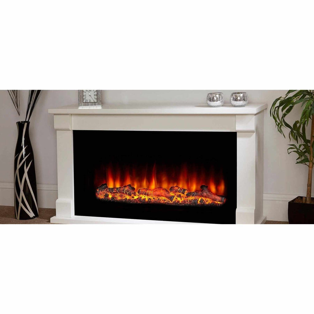 Suncrest Bradbury electric fireplace suite in white with a realistic glowing log flame effect.