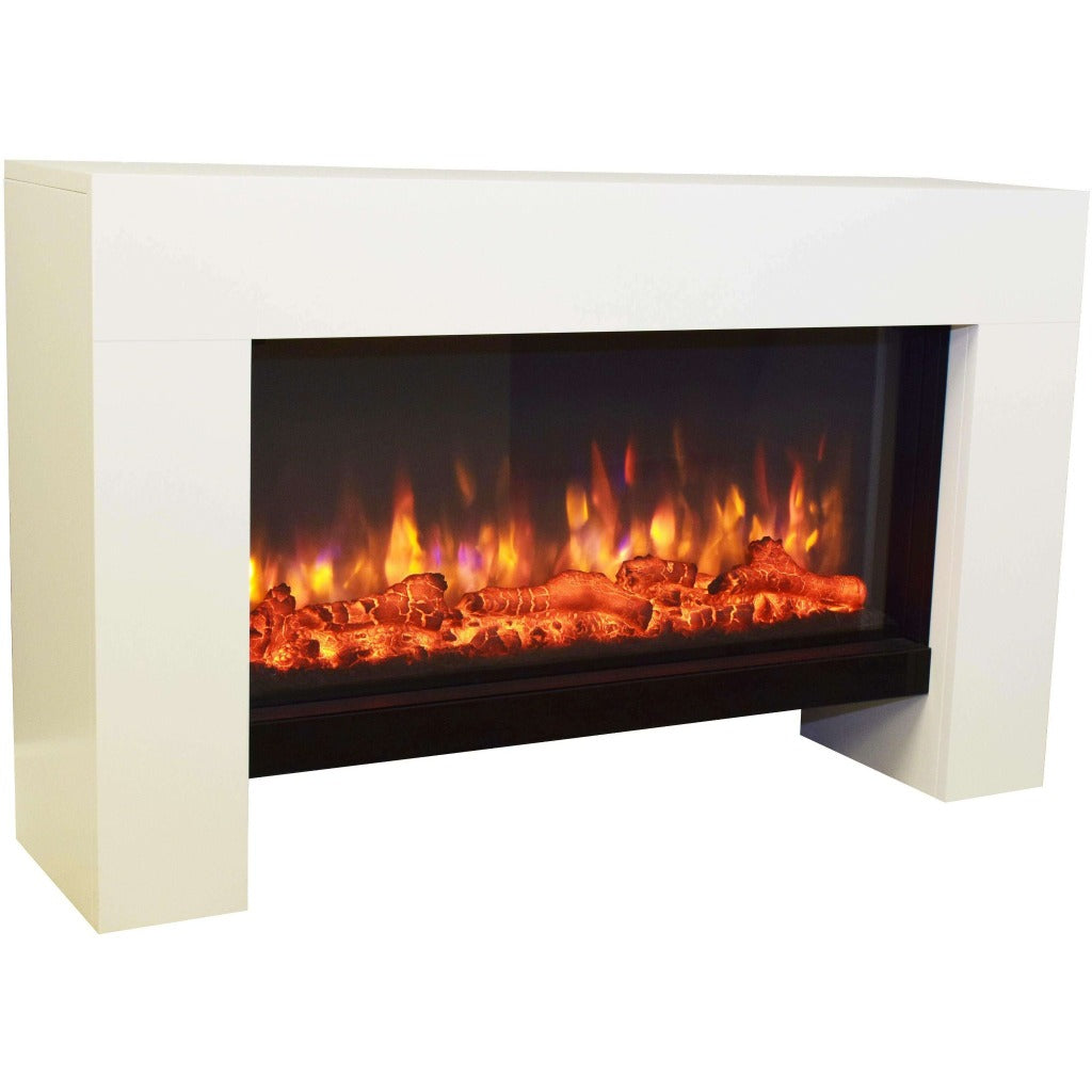 Suncrest Detroit Electric Fireplace Suite with a white surround and a wide, glowing log-effect electric fire.