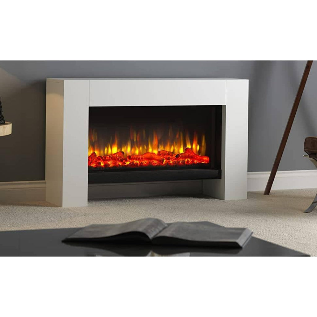 Suncrest Detroit Electric Fireplace Suite with a white surround and realistic glowing log flame effect.