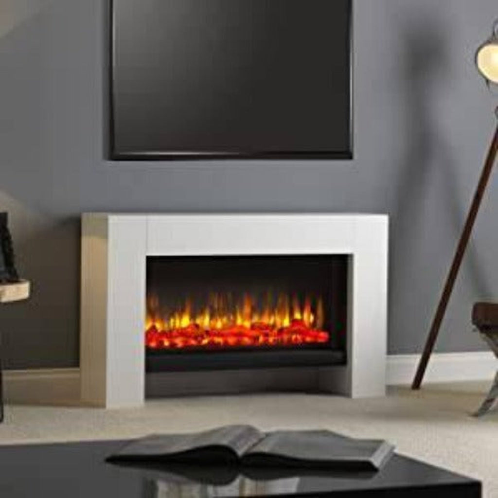 Suncrest Detroit Electric Fireplace Suite with a white surround and glowing orange flame effect against a grey wall.