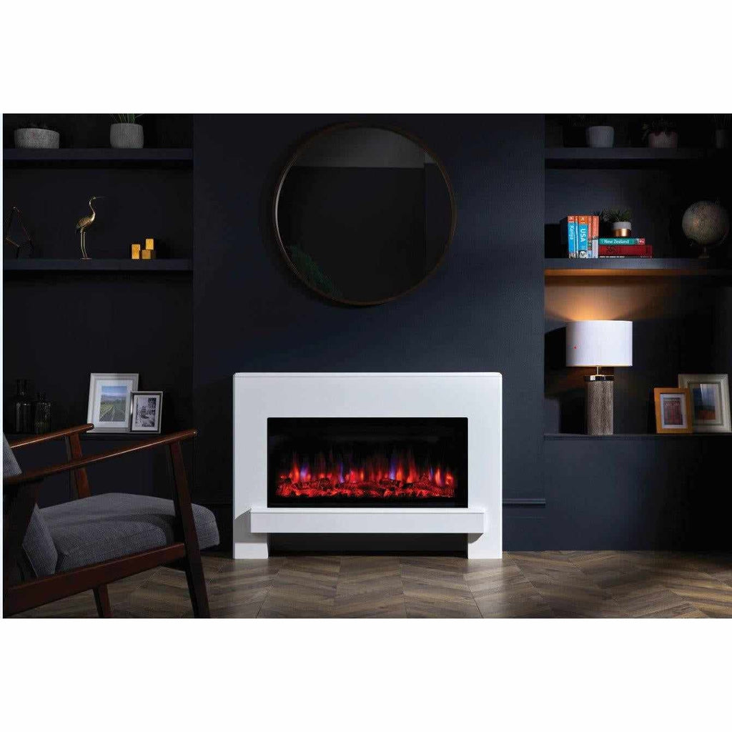 Suncrest Eggleston Electric Fireplace Suite with a white surround and glowing red flame effect against a dark wall.
