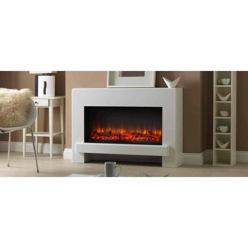 Suncrest Eggleston electric fireplace suite with a white surround and glowing log flame effect in a modern living room.