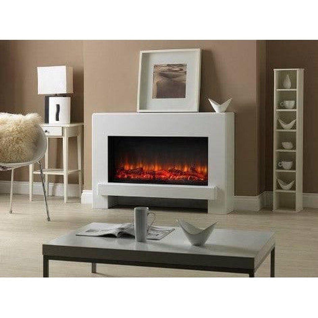 Suncrest Eggleston Electric Fireplace Suite with a white surround and glowing log flame effect in a modern living room.