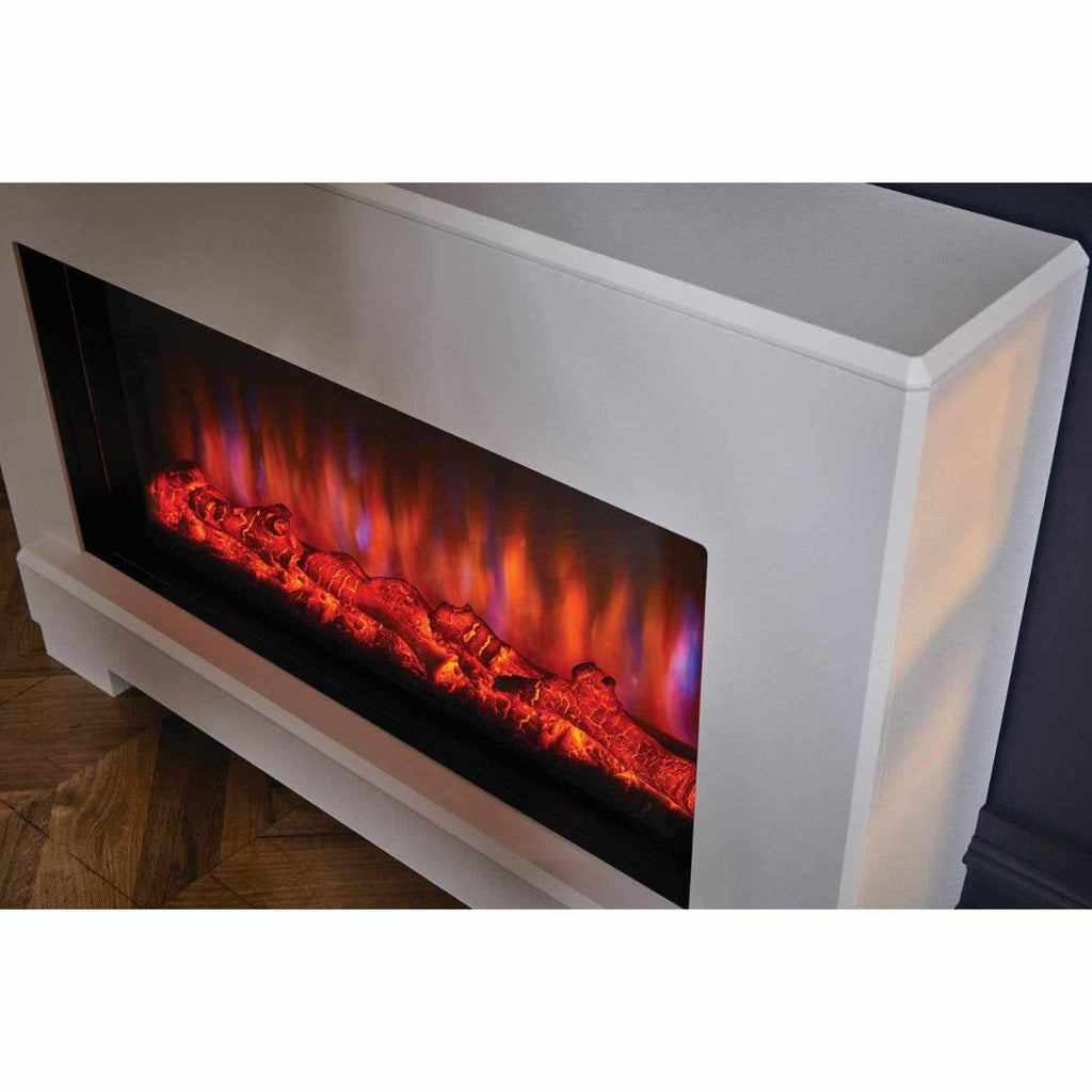 Suncrest Eggleston Electric Fireplace Suite with a white surround and glowing red and blue LED log flame effect.