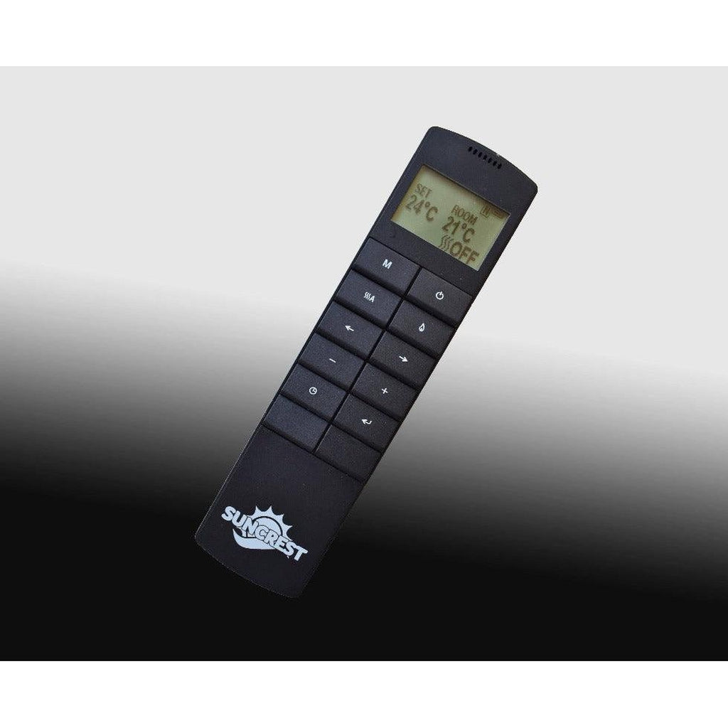 Black Suncrest Eggleston Electric Fireplace Suite remote control with an LCD display and push-button interface.