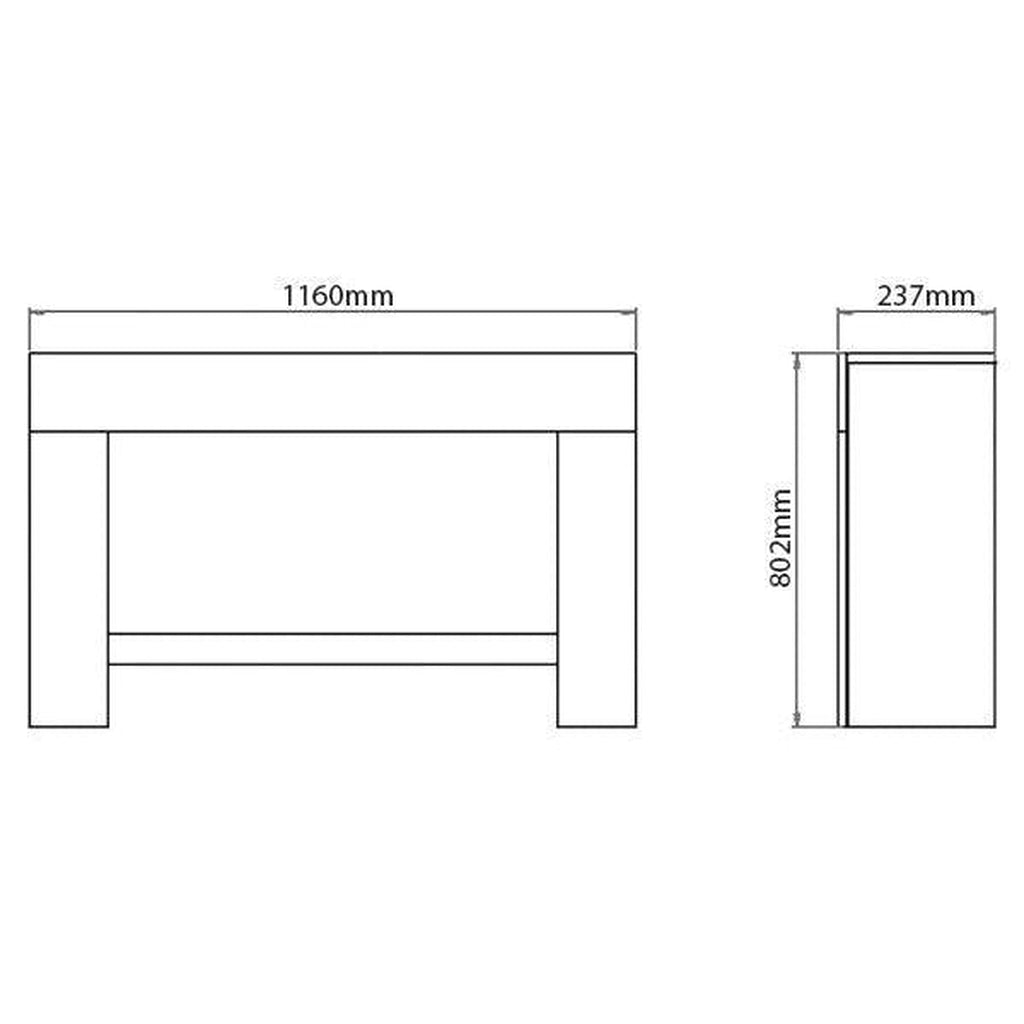 Suncrest Eggleston Electric Fireplace Suite technical line drawing showing front and side dimensions in millimetres.