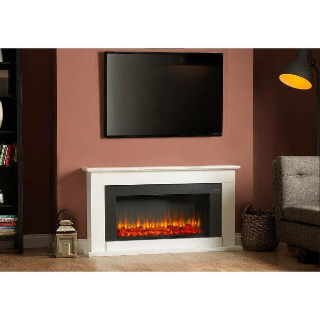 Suncrest Georgia Electric Fireplace Suite with a white surround and black fire insert against a terracotta wall.