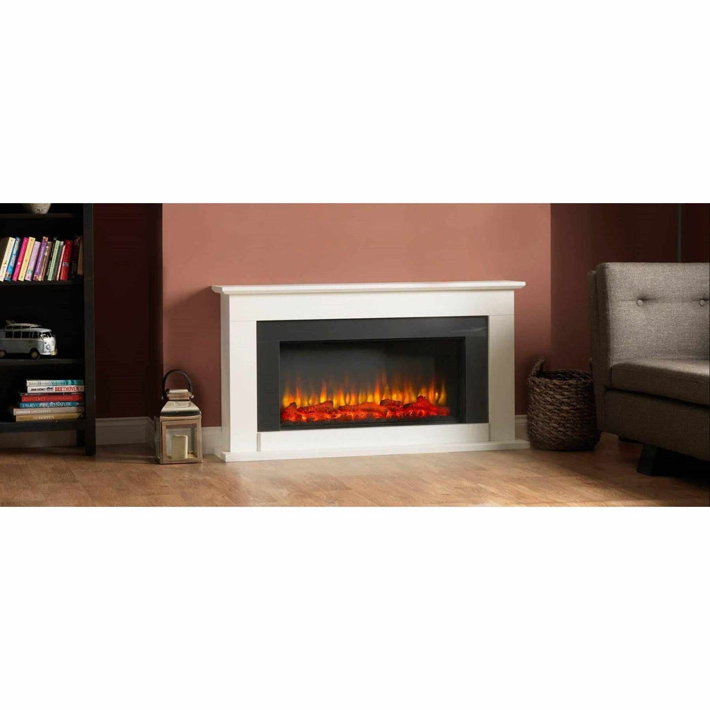 Suncrest Georgia Electric Fireplace Suite with a white surround and black frame featuring a realistic glowing log fire.