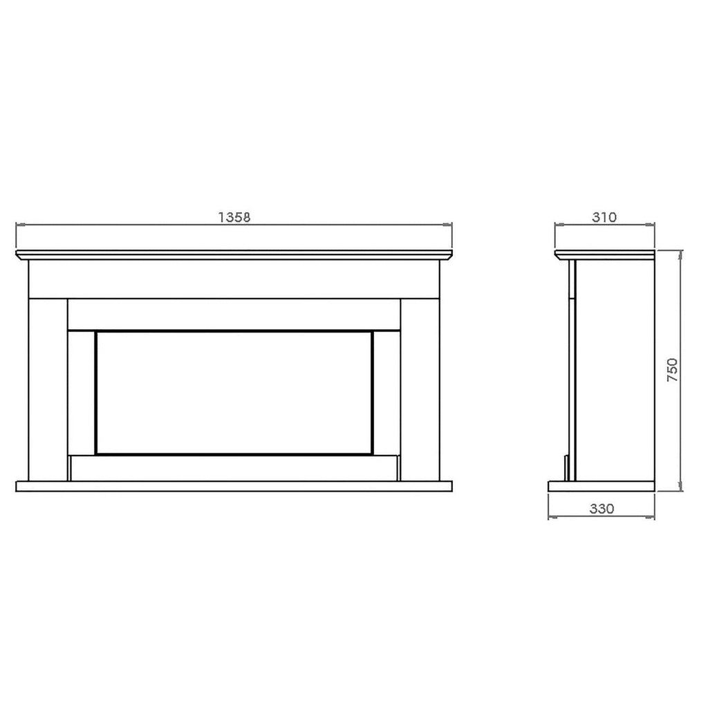 Suncrest Georgia Electric Fireplace Suite front and side technical line drawings with dimensions in millimetres.