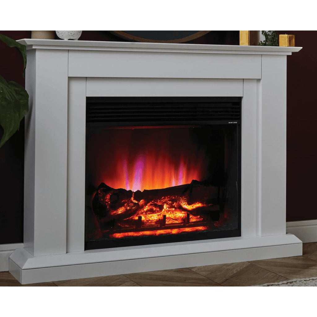 Suncrest Horley electric fireplace suite with a white surround and glowing log flame effect.