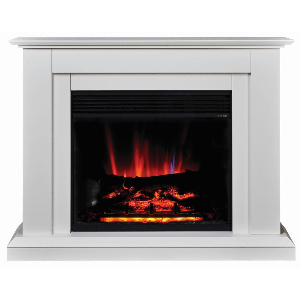 Suncrest Horley electric fireplace suite in white with a realistic glowing log flame effect and black firebox.