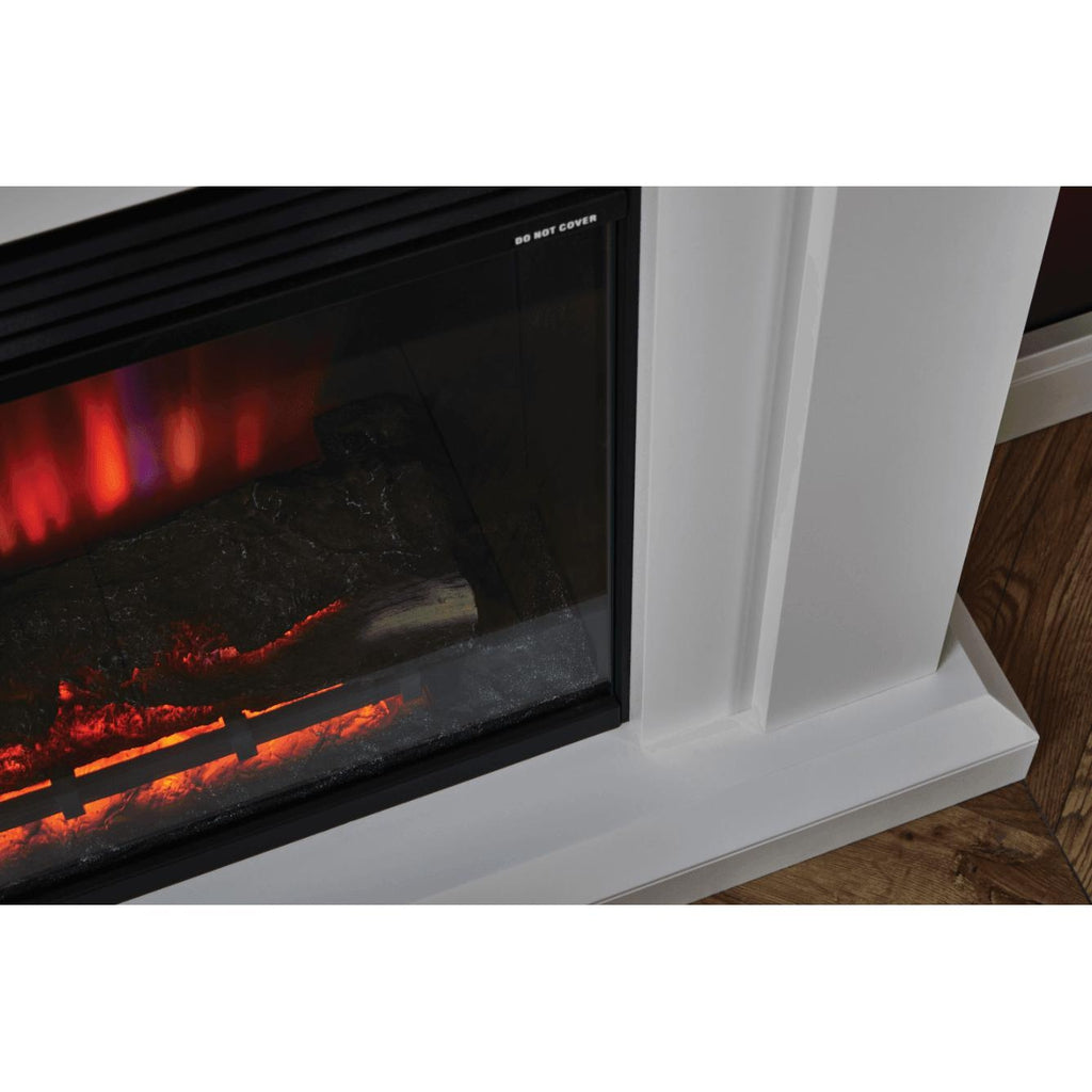 Suncrest Horley Electric Fireplace suite featuring a white surround and a black firebox with glowing log effect.
