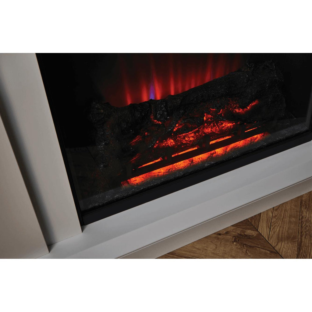 Suncrest Horley Electric Fireplace suite with a white surround, black glass panel, and glowing log fire effect.