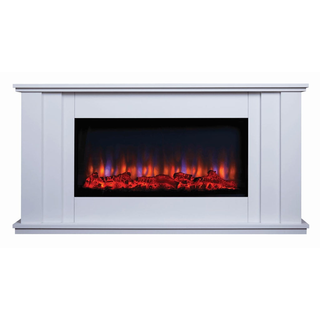Suncrest Kesgrave Electric Fireplace suite in white with a glowing log fuel bed and realistic flame effect.