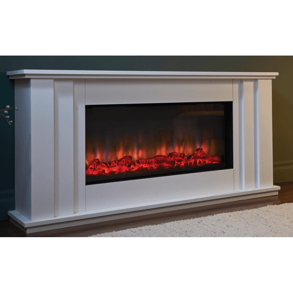 Suncrest Kesgrave Electric Fireplace suite in white with a wide, glowing log flame effect set against a dark wall.