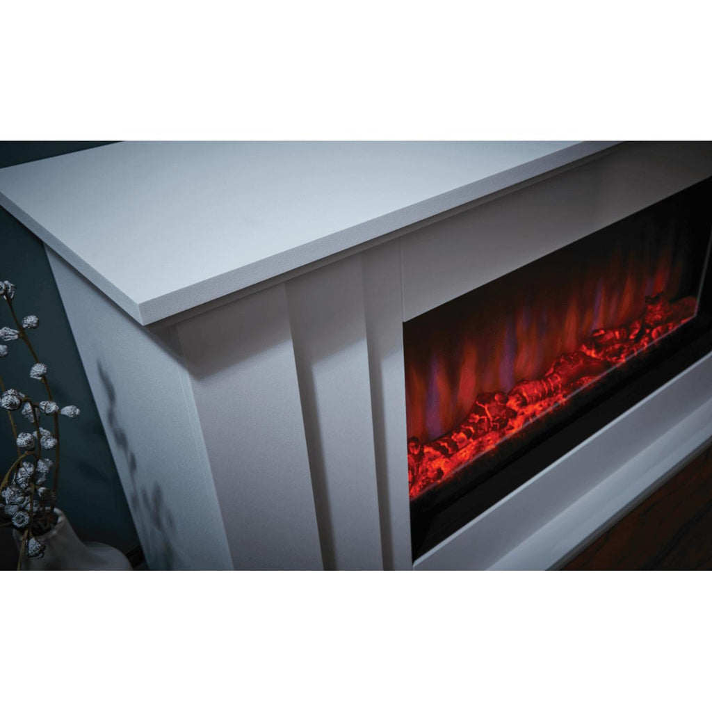 Suncrest Kesgrave Electric Fireplace suite in white with a glowing red log fuel bed and flame effect.