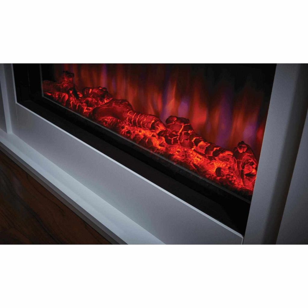 Suncrest Kesgrave Electric Fireplace suite with a white surround and glowing red log fuel bed effect.