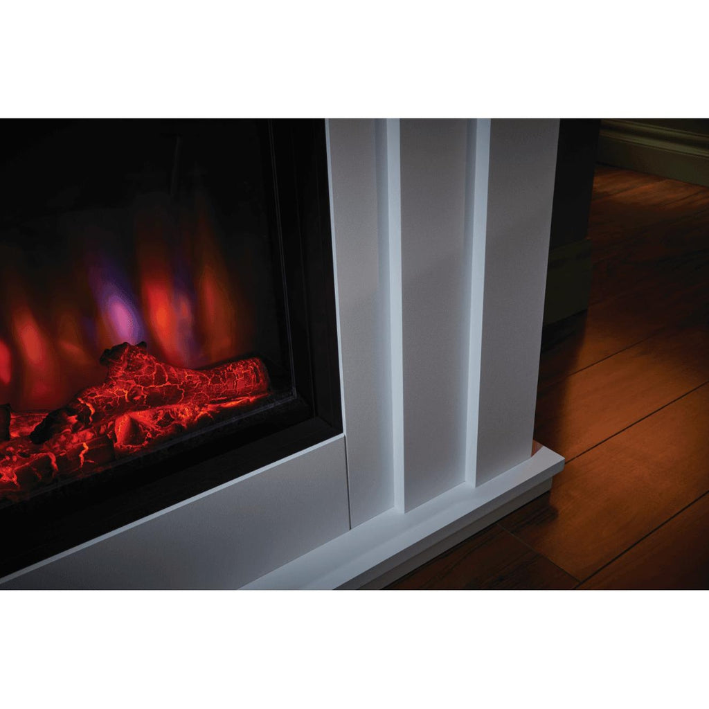 Suncrest Kesgrave Electric Fireplace suite featuring a smooth white surround and glowing red log flame effect.