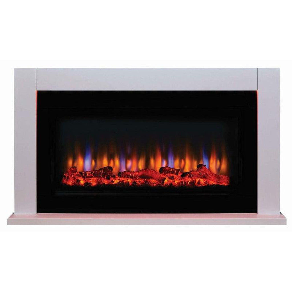 Suncrest Lumley-Ambience electric fireplace with a white surround and glowing orange and blue LED flame effect.