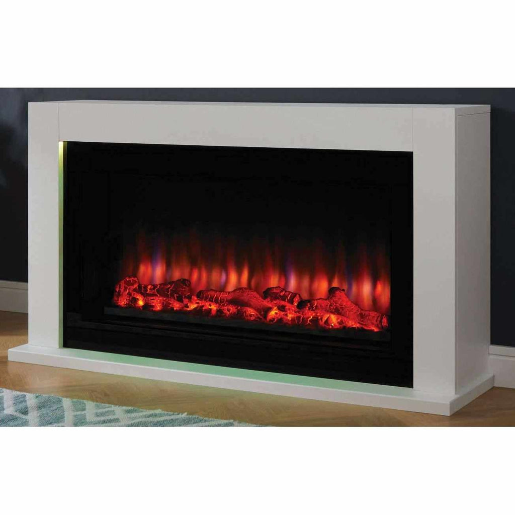 Suncrest Lumley-Ambience electric fireplace suite in white with a black firebox and glowing LED flame effect.