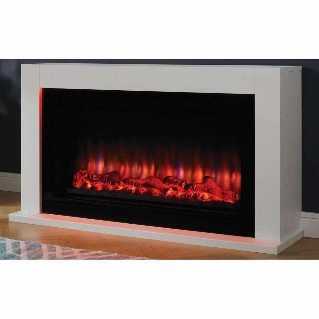 Suncrest Lumley-Ambience electric fireplace suite in white with a black firebox and glowing red LED mood lighting.