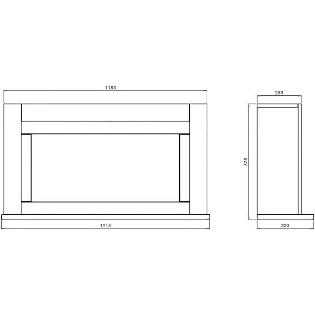 Suncrest Lumley-Ambience Electric Fireplace Suite technical line drawing showing front and side dimensions in millimetres.