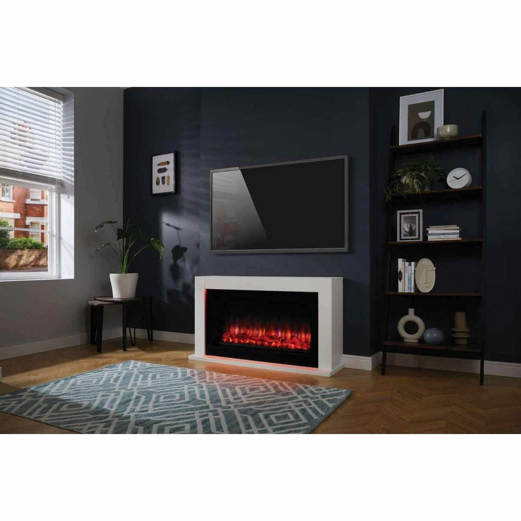 Suncrest Lumley-Ambience electric fireplace suite in white with glowing red LED mood lighting against a dark wall.