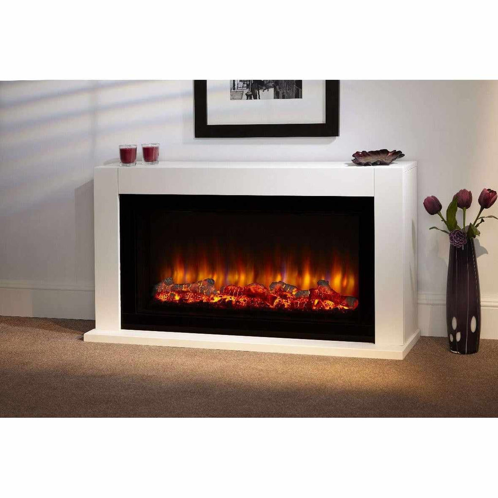 Suncrest Lumley-Ambience electric fireplace suite in white with a glowing log flame effect and LED mood lighting.