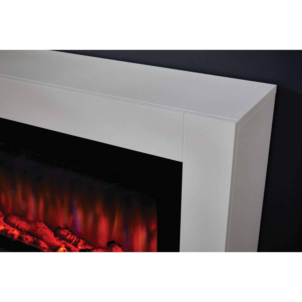 Suncrest Lumley-Ambience Electric Fireplace Suite with a smooth white surround and glowing red LED flame effect.