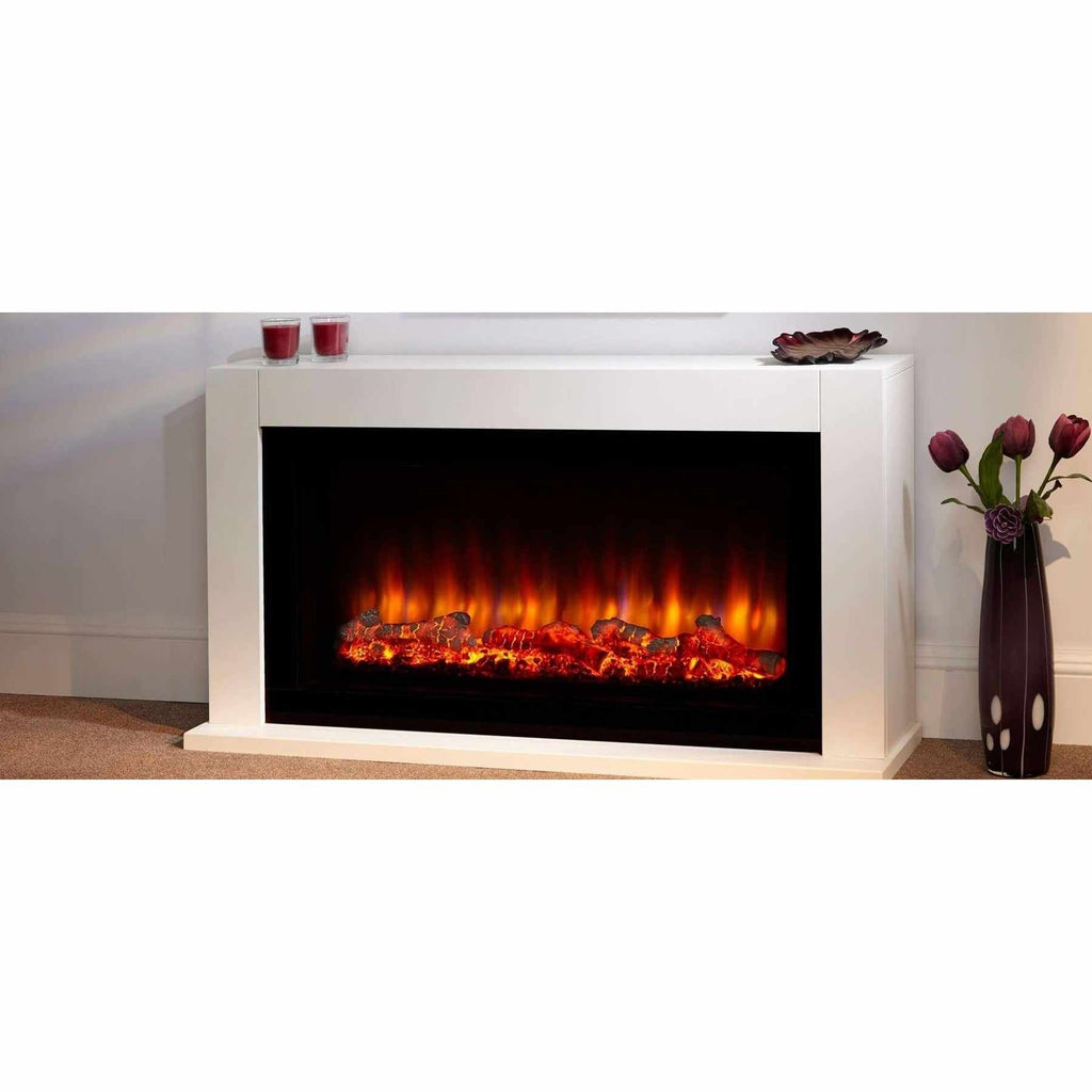 Suncrest Lumley-Ambience electric fireplace suite in white with a glowing log flame effect and black surround.
