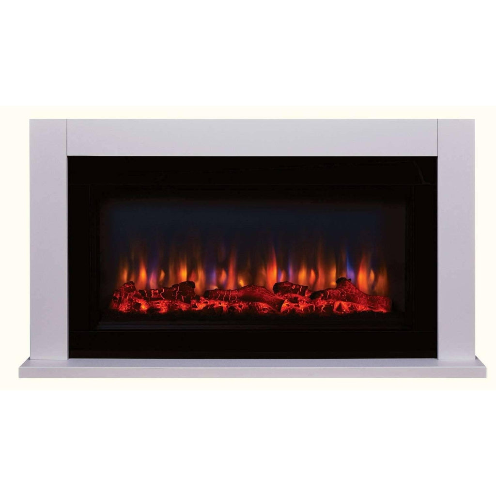 Suncrest Lumley electric fireplace suite with a white surround and glowing log flame effect.