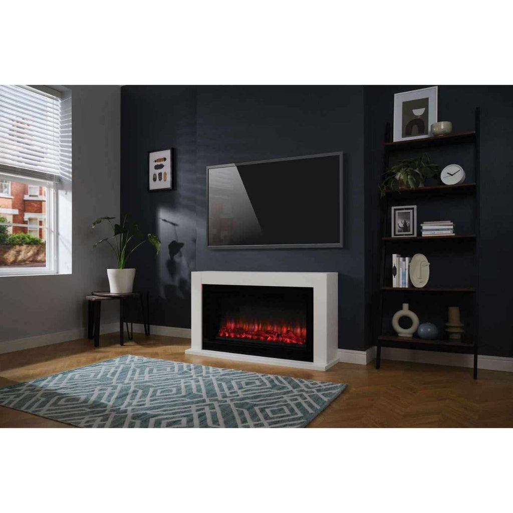 Suncrest Lumley electric fireplace suite with a white surround and glowing red flame effect against a dark wall.