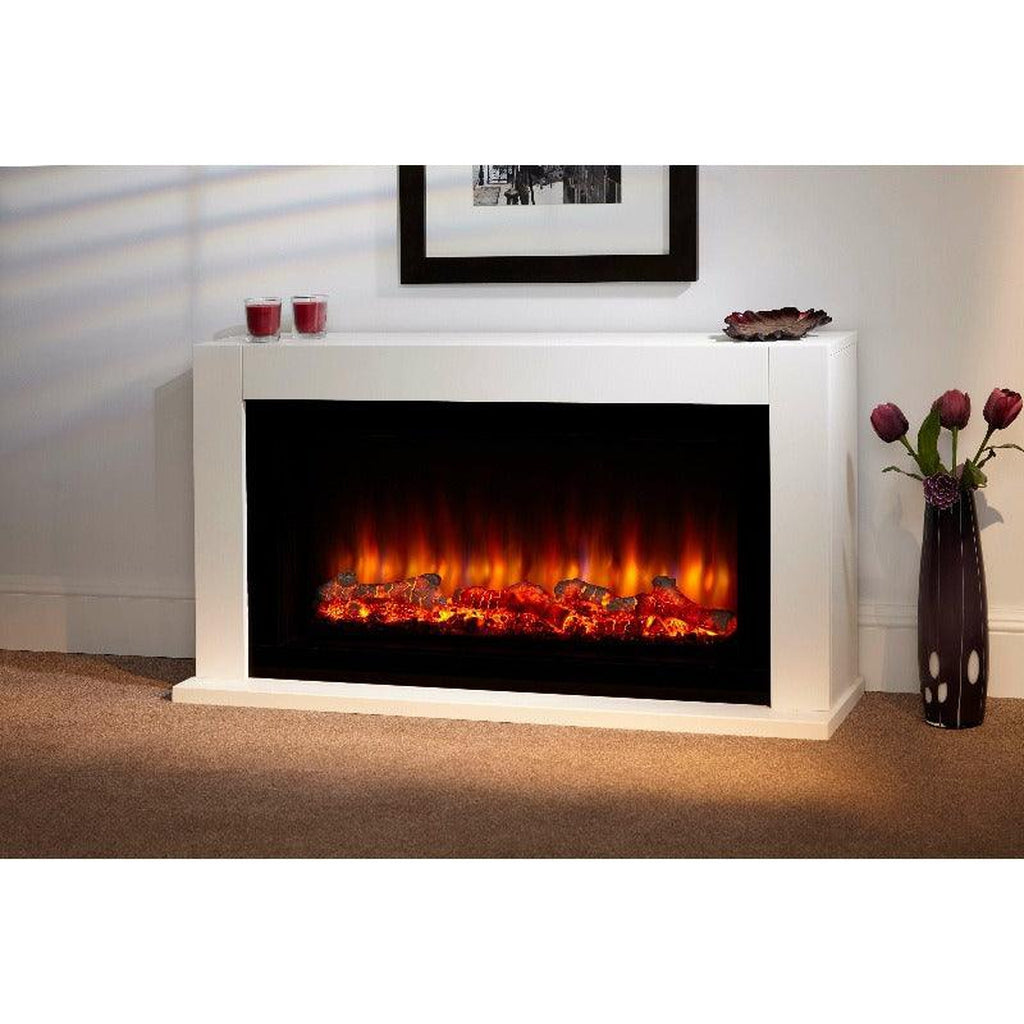 Suncrest Lumley electric fireplace suite in white with a glowing log flame effect set against a white wall.