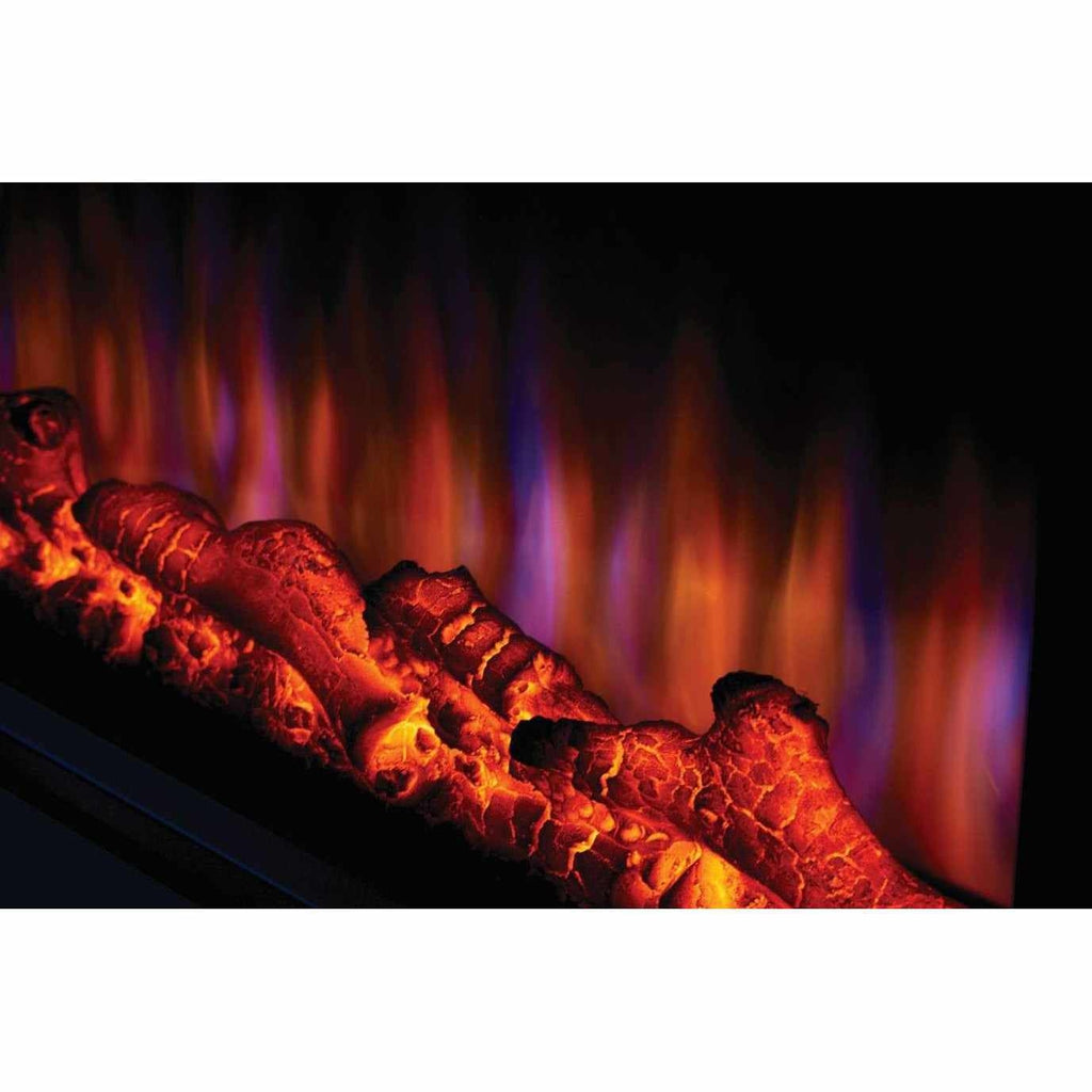 Suncrest Lumley Electric Fireplace Suite with glowing orange log fuel bed and vibrant purple and orange flame effect.