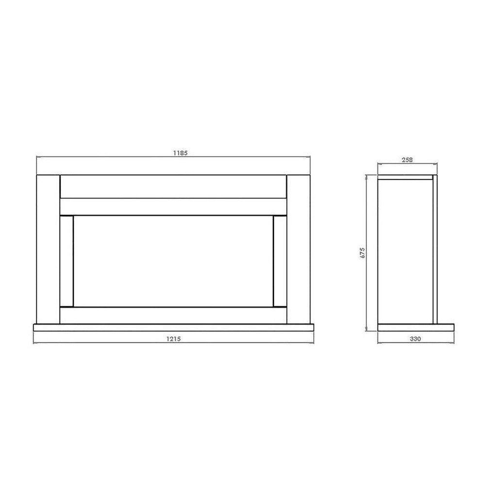 Suncrest Lumley Electric Fireplace Suite technical line drawing showing front and side dimensions in millimetres.