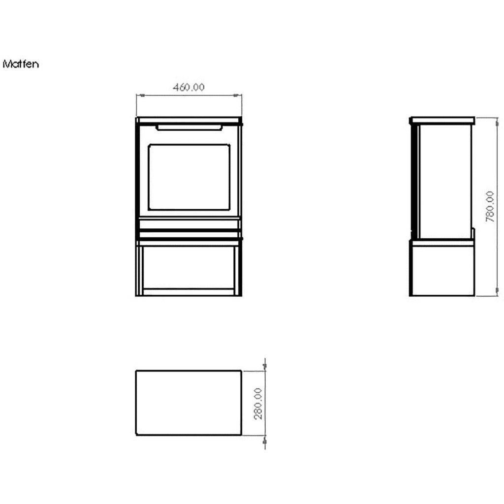 Suncrest Matfen electric stove technical line drawing showing front, side, and top dimensions in millimetres.