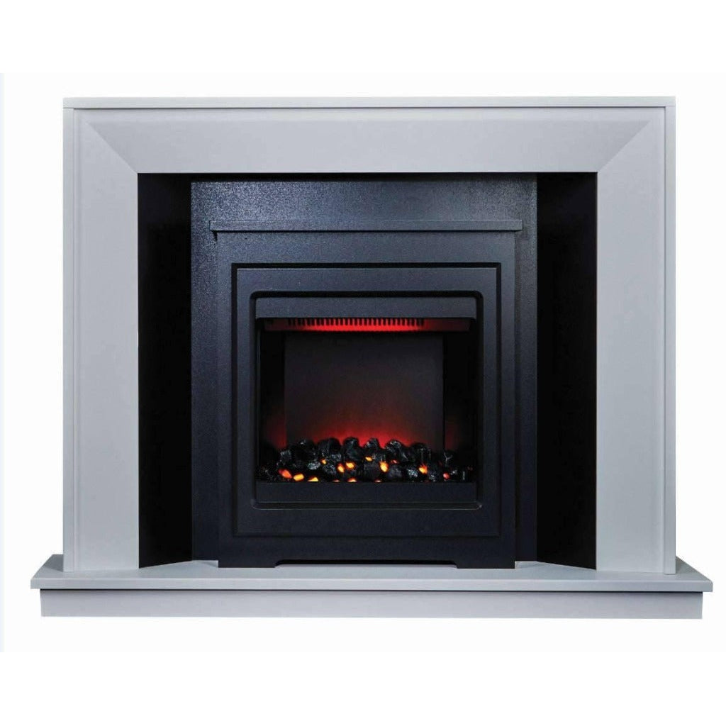Suncrest Mayford Electric Stove Suite with a grey surround and black stove featuring a glowing coal effect fire.