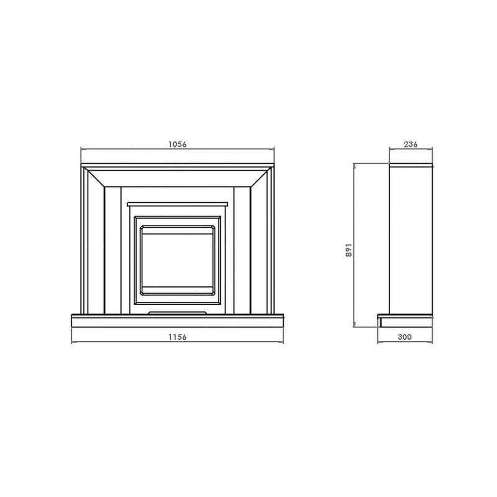 Suncrest Mayford Electric Stove Suite front and side technical line drawing with dimensions in millimetres.