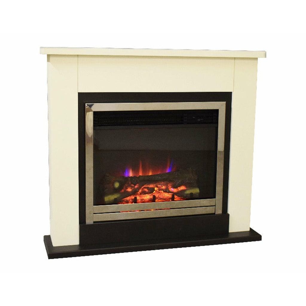 Suncrest Middleton Electric Fireplace suite with a cream surround, black base, and chrome-trimmed fire with log effect.