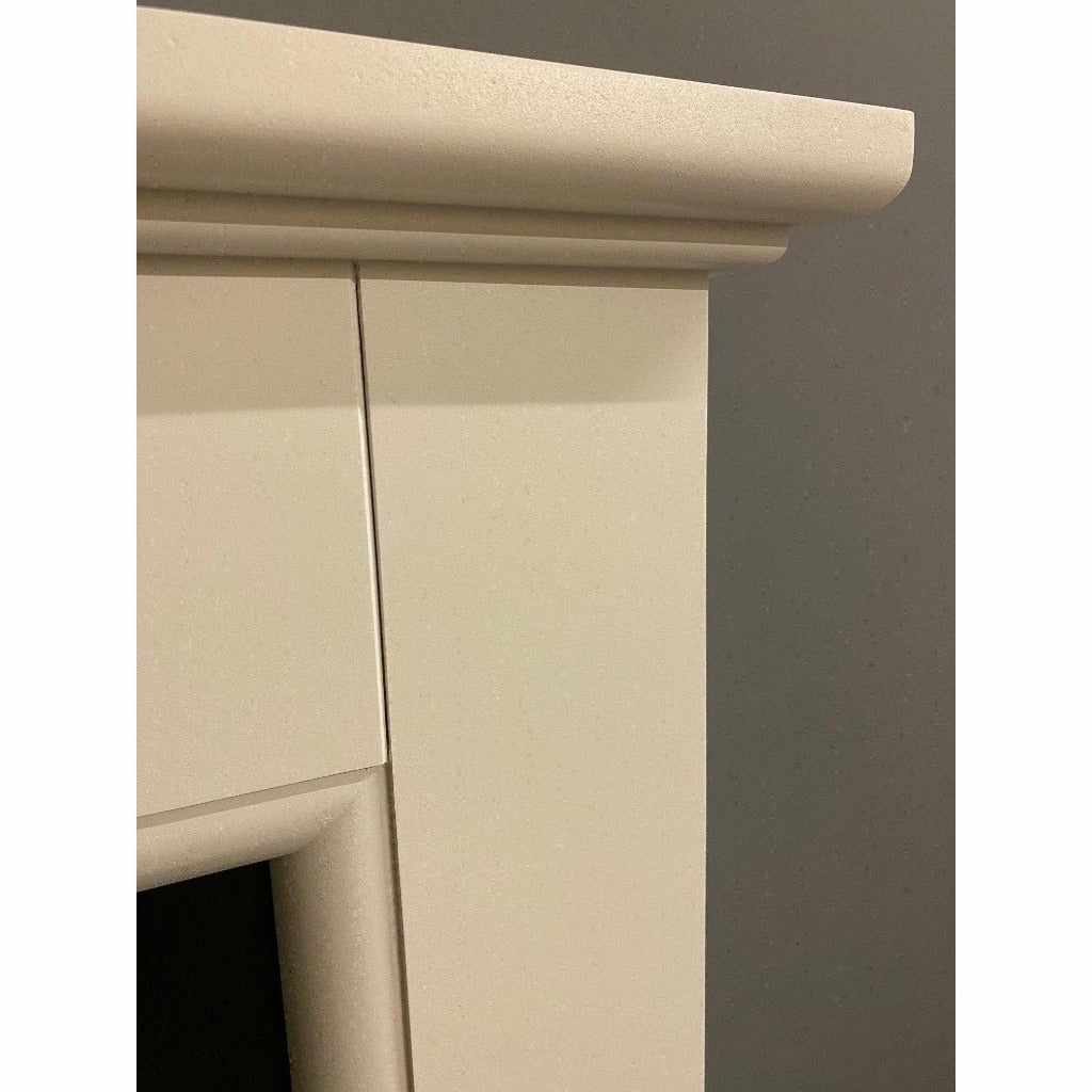 Close-up of the cream-coloured mantel shelf and frame of the Suncrest Middleton Electric Fireplace suite.