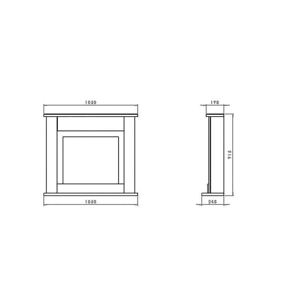 Technical line drawing of the Suncrest Middleton Electric Fireplace suite showing front and side elevation dimensions.