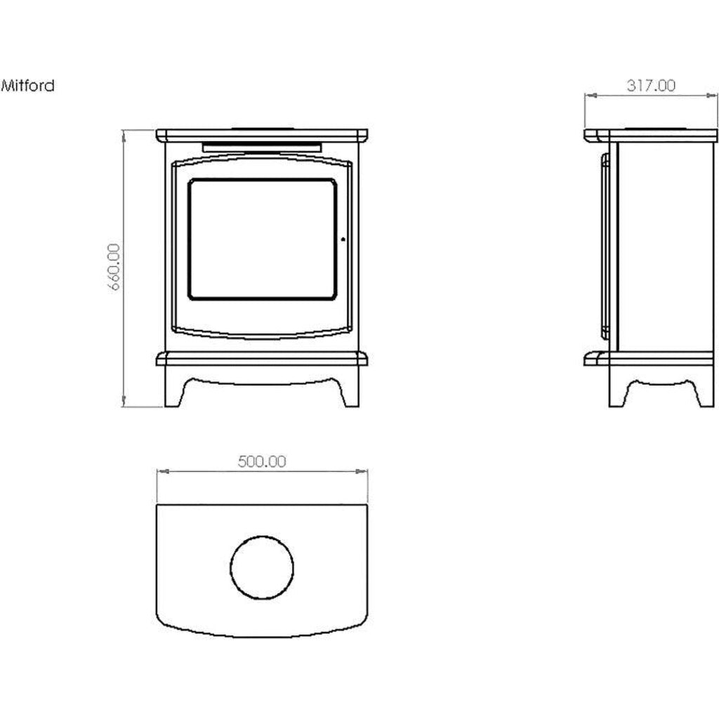 Suncrest Mitford Electric Stove technical line drawing showing front, side, and top views with dimensions in millimetres.